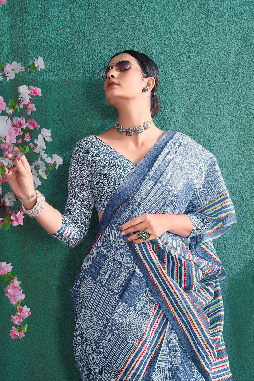 Handicraft Women's Ikat Pure soft Cotton Saree With Blouse Piece