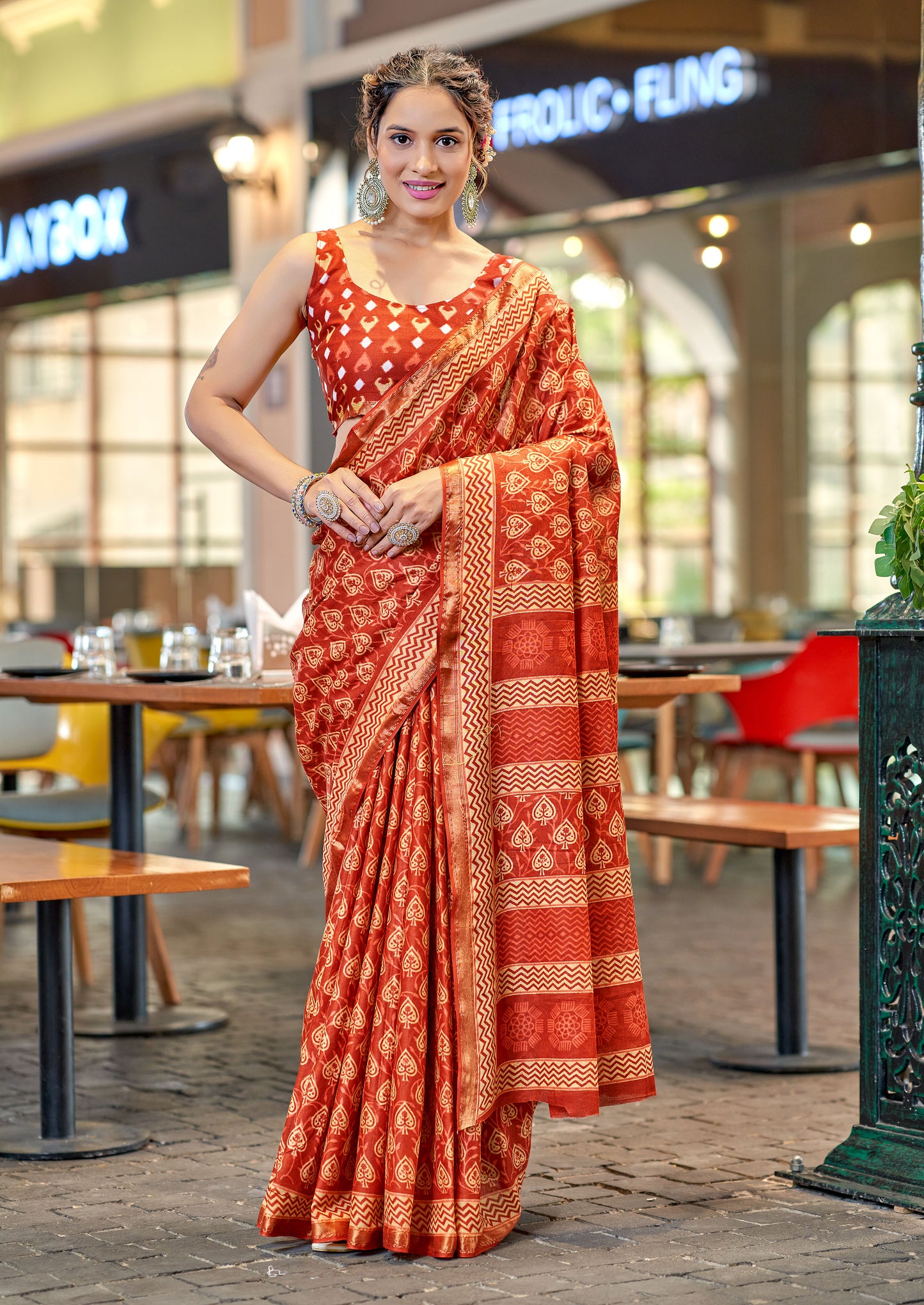 Beautifu Zari Border Bagru Ikat Hand Print Cotton mulmul sarees with blouse Piece