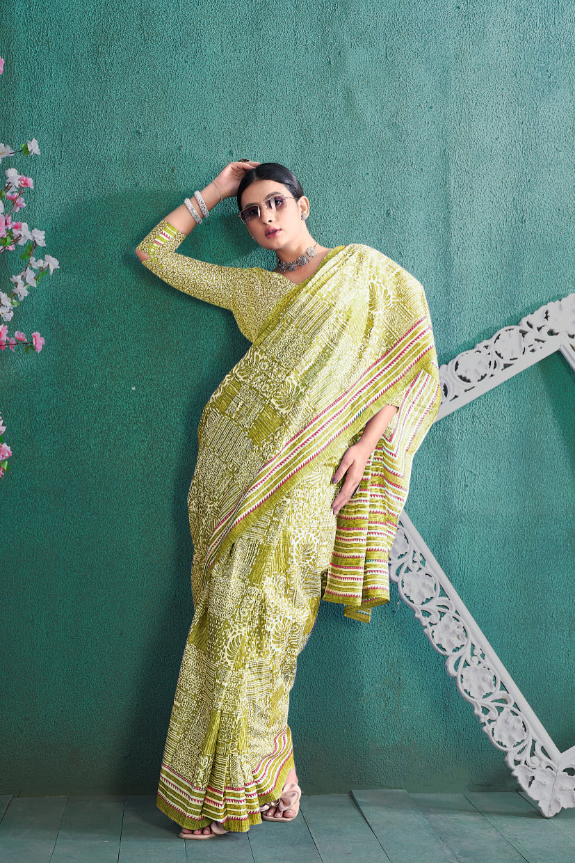Handicraft Women's Ikat Pure soft Cotton Saree With Blouse Piece