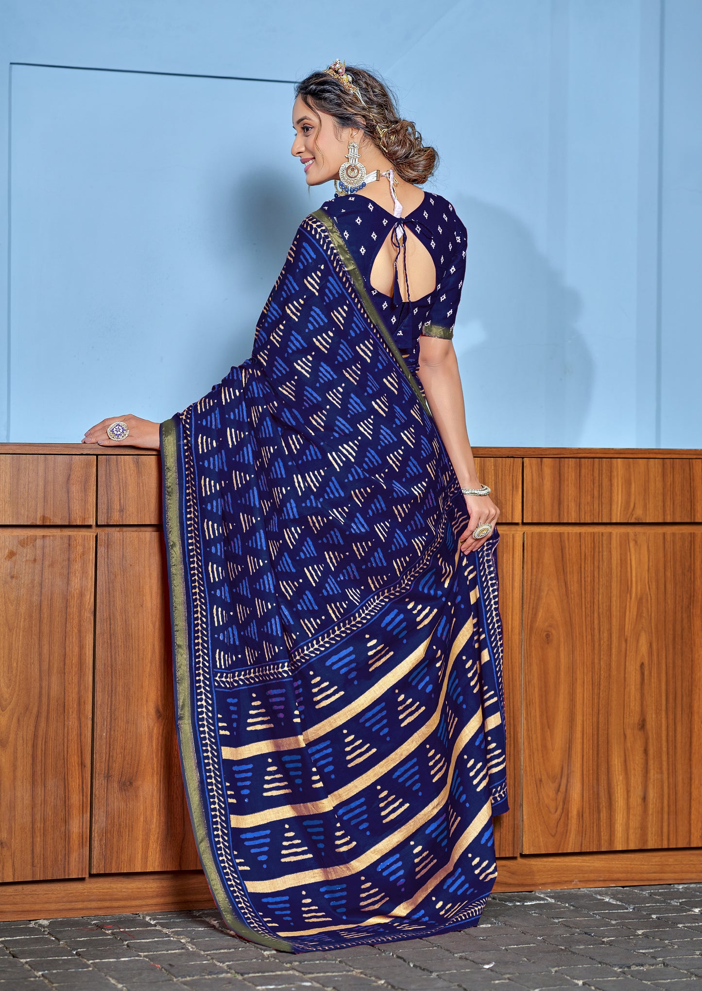 Beautifu Zari Border Bagru Ikat Hand Print Cotton mulmul sarees with blouse Piece