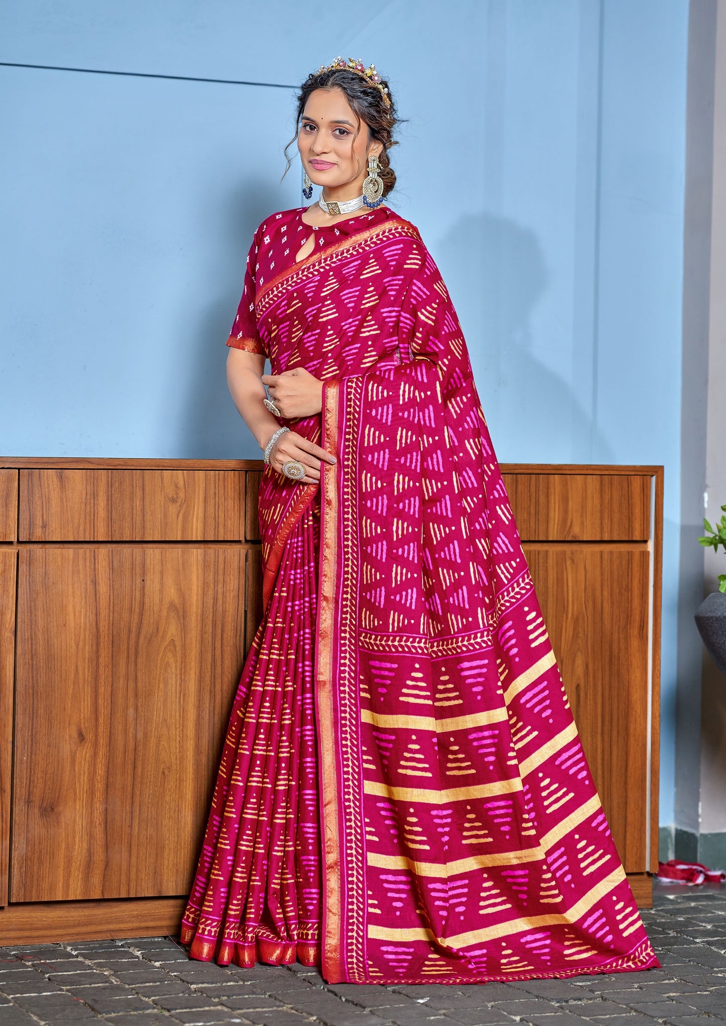 Beautifu Zari Border Bagru Ikat Hand Print Cotton mulmul sarees with blouse Piece