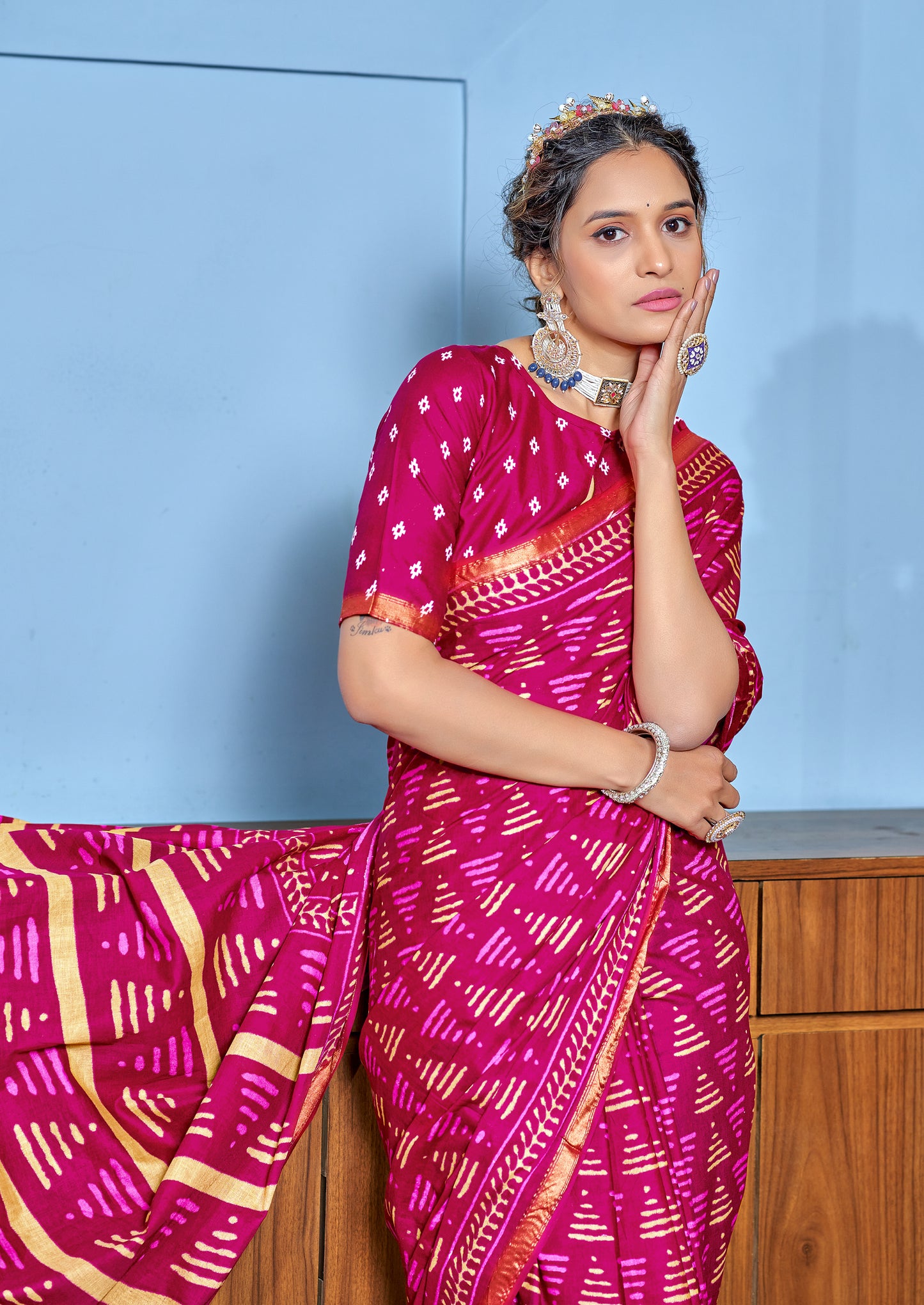 Beautifu Zari Border Bagru Ikat Hand Print Cotton mulmul sarees with blouse Piece