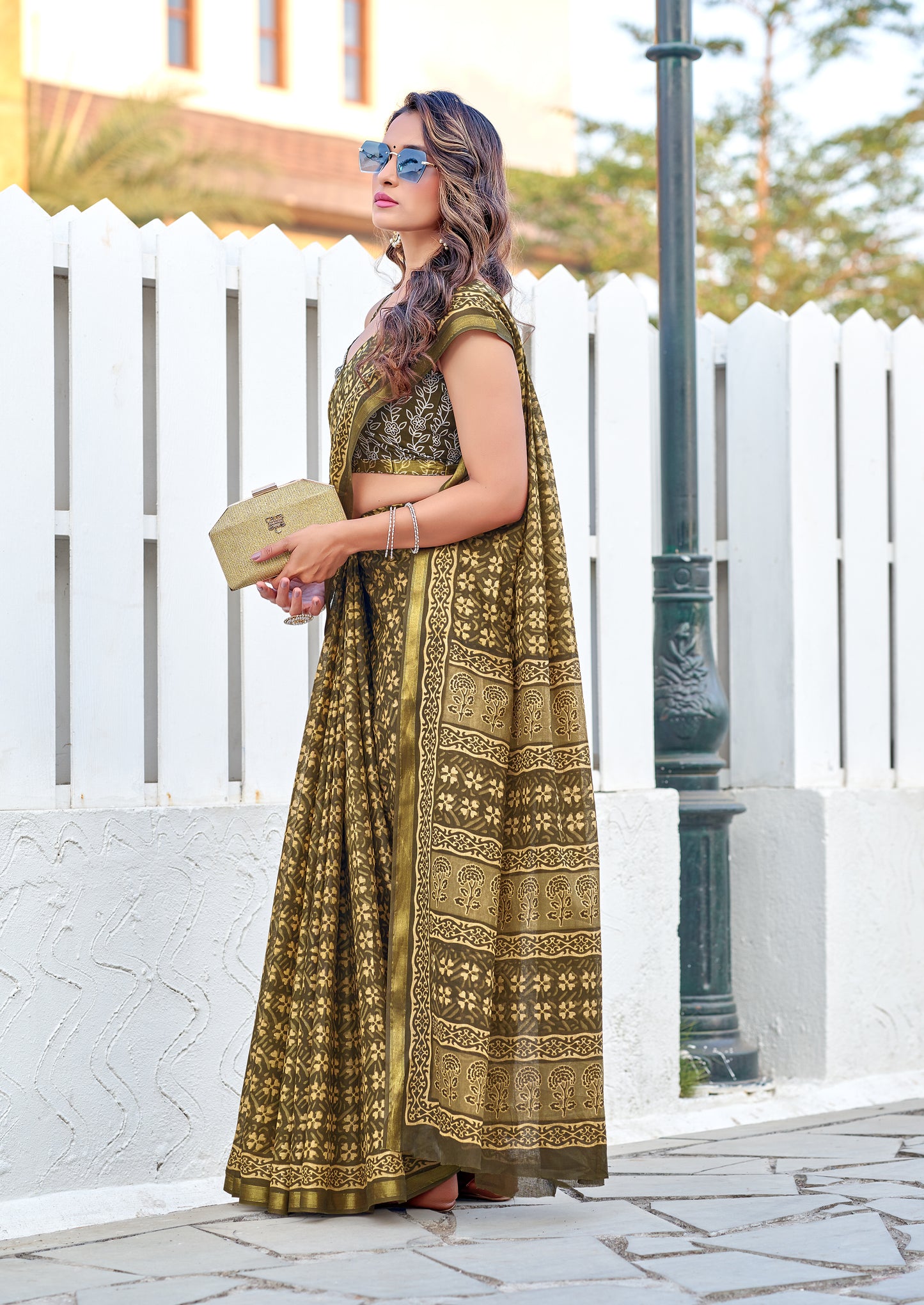 Beautifu Zari Border Bagru Ikat Hand Print Cotton mulmul sarees with blouse Piece