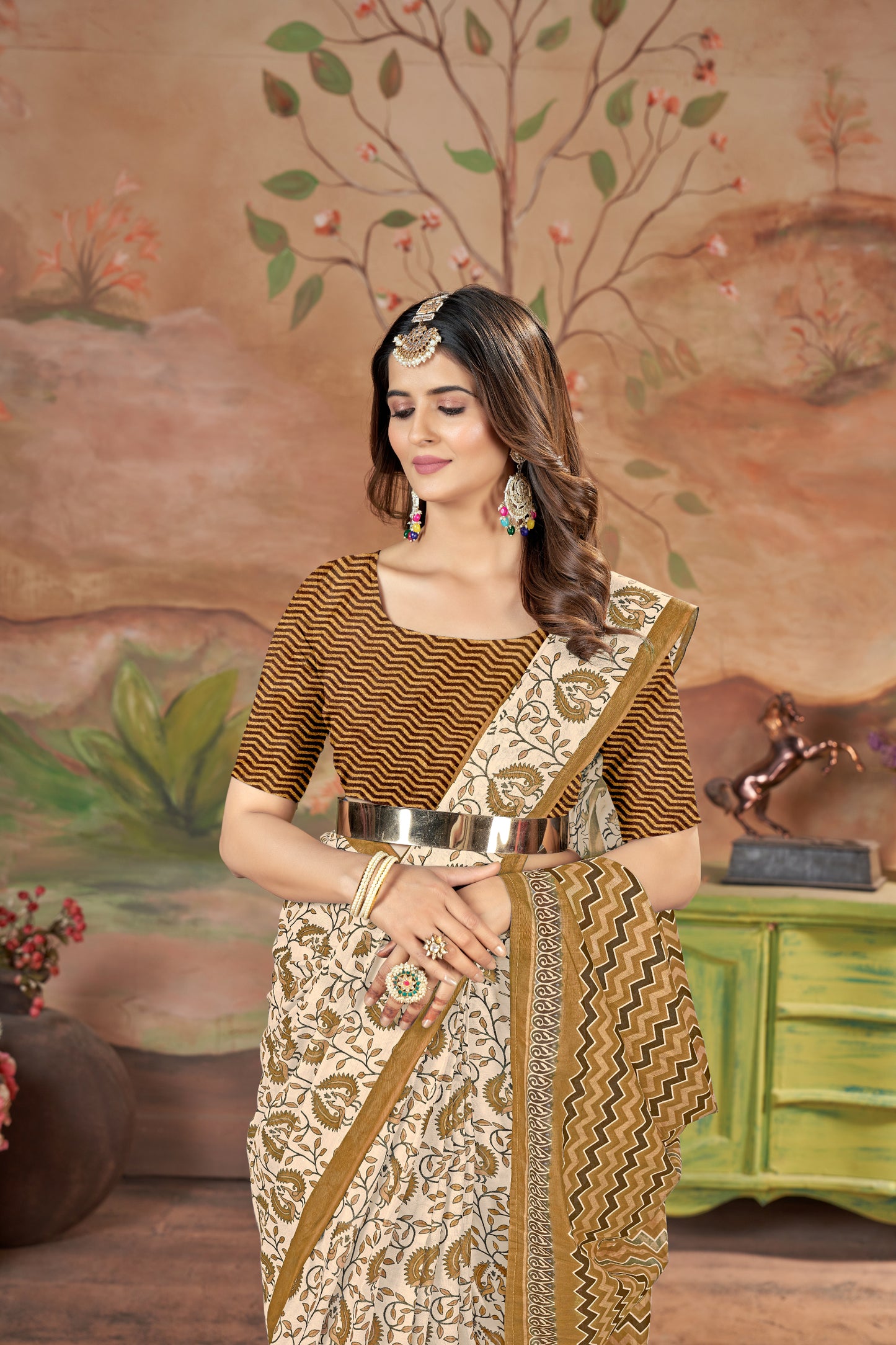 Handicraft Ladies Ikat Block Print Pure soft Cotton Sari With Blouse Piece