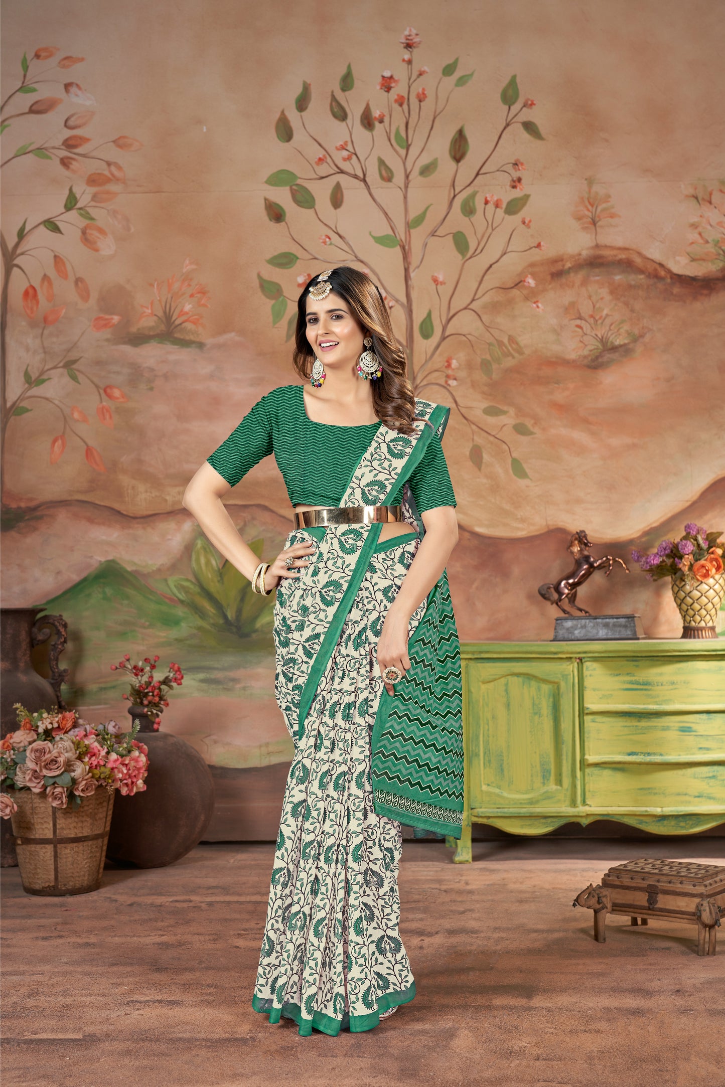 Handicraft Ladies Ikat Block Print Pure soft Cotton Sari With Blouse Piece