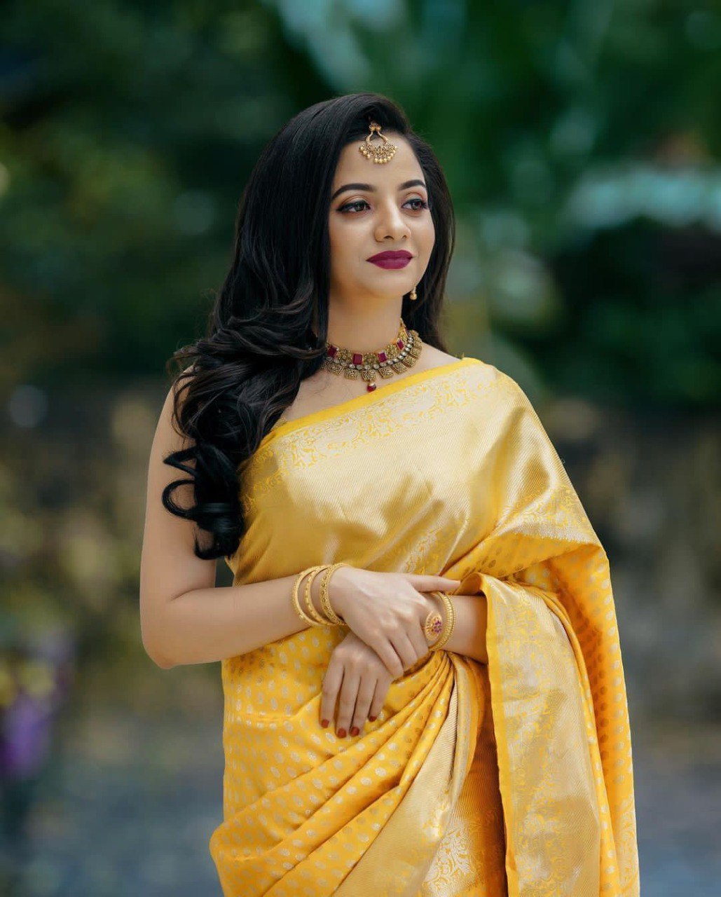 Yellow banarasi weaving silk saree