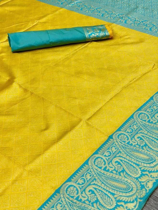 Ethinic Pocket Beautiful Yellow Soft Silk Jacquard Zari Weaving Saree.