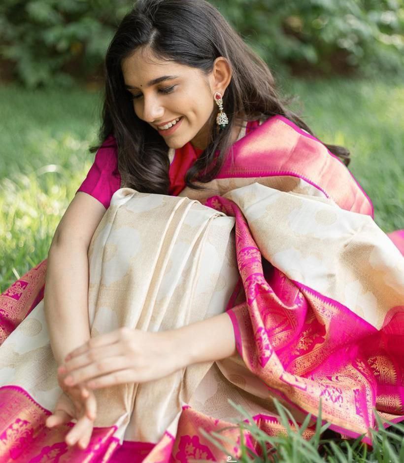 WHITE Banarasi zari woven SOFT LICHI SILK SAREE