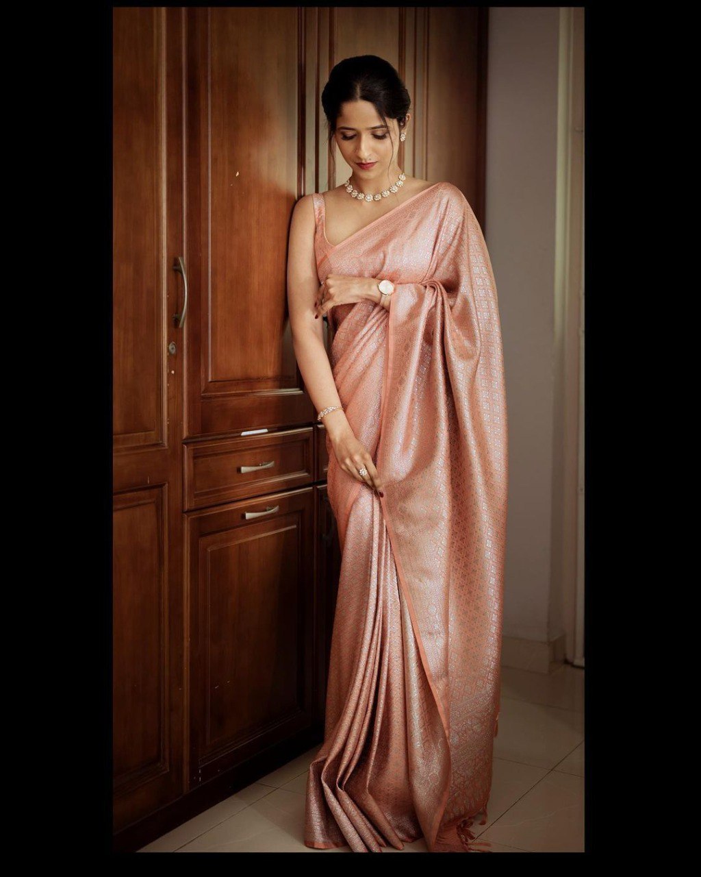 PEACH Banarasi zari woven SILK SAREE