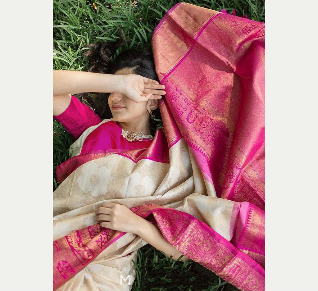 WHITE Banarasi zari woven SOFT LICHI SILK SAREE