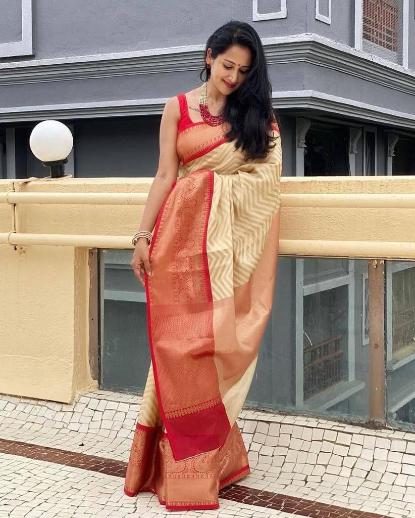 Ethinic Pocket Red Bordered Soft Silk Jacquard Zari Weaving Saree.