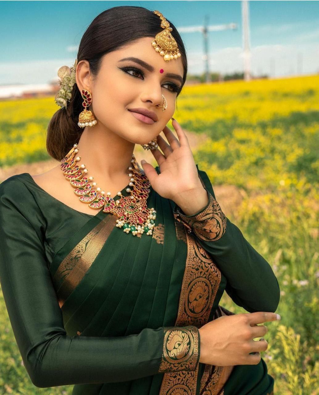 Green Banarasi copper zari woven SOFT LICHI SILK SAREE