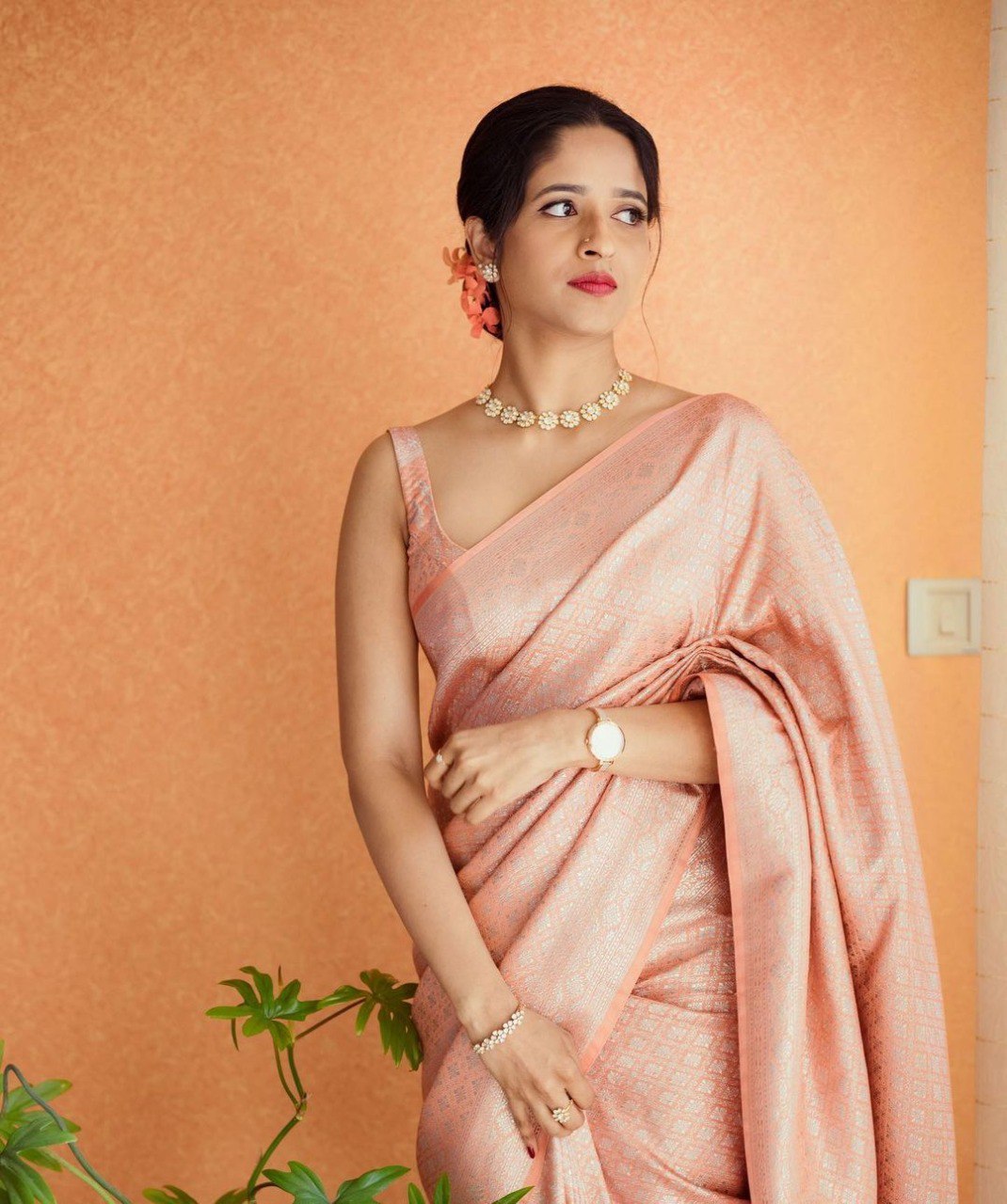 PEACH Banarasi zari woven SILK SAREE
