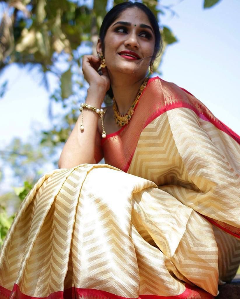 Ethinic Pocket Red Bordered Soft Silk Jacquard Zari Weaving Saree.