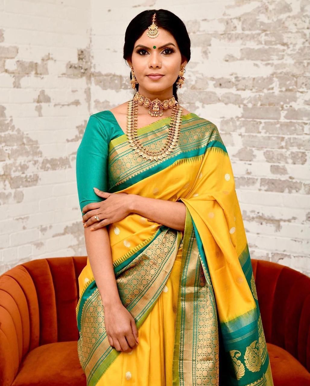 Ethinic Pocket Beautiful Yellow Soft Silk Jacquard Zari Weaving Saree.