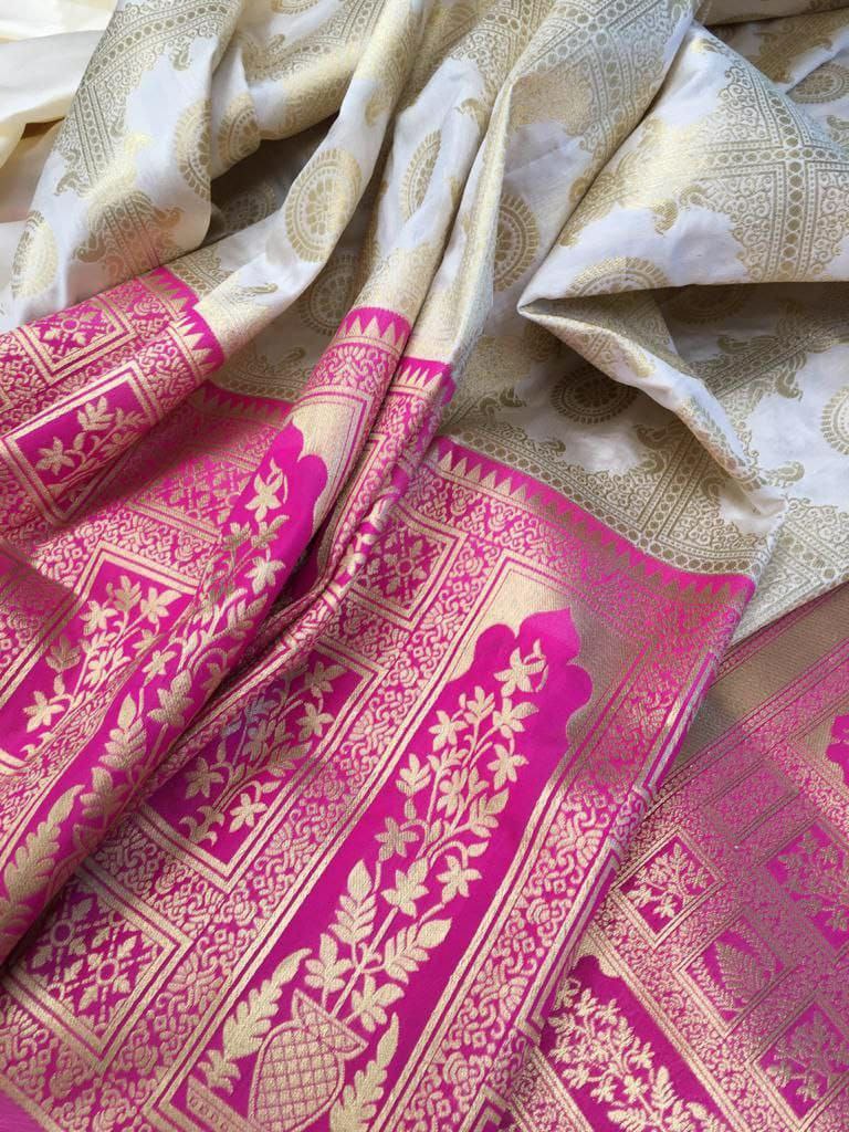 WHITE Banarasi zari woven SOFT LICHI SILK SAREE