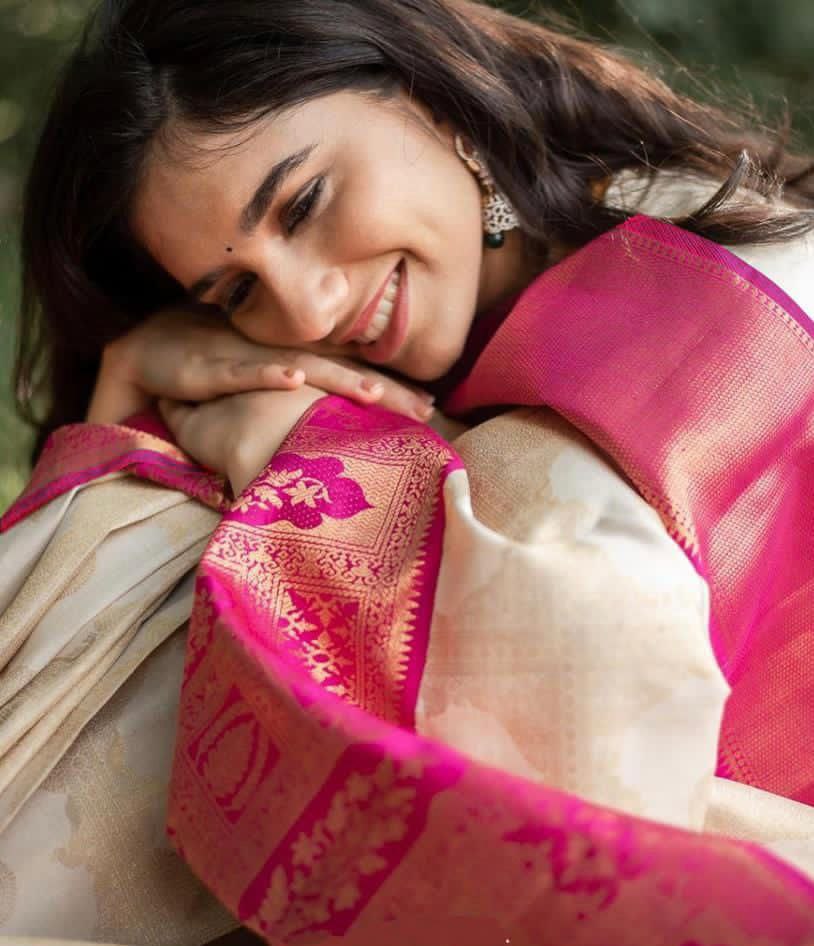 WHITE Banarasi zari woven SOFT LICHI SILK SAREE