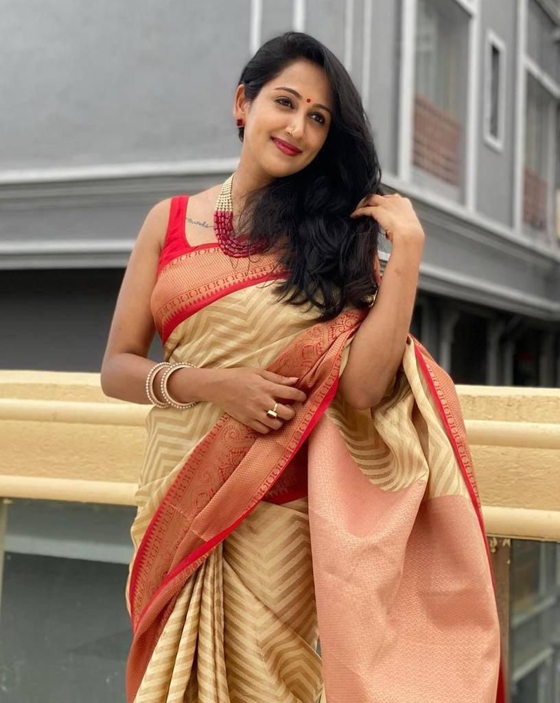 Ethinic Pocket Red Bordered Soft Silk Jacquard Zari Weaving Saree.