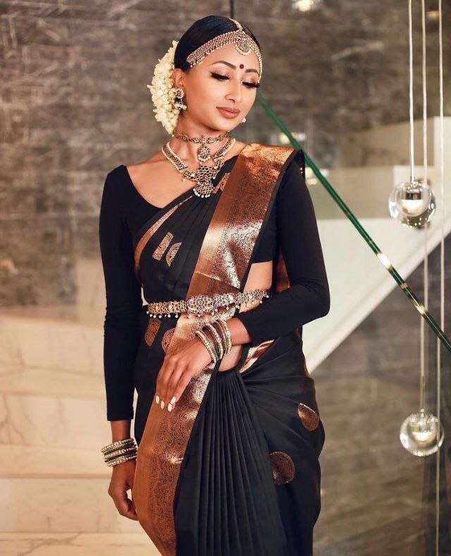 BLACK Banarasi copper zari woven SOFT LICHI SILK SAREE