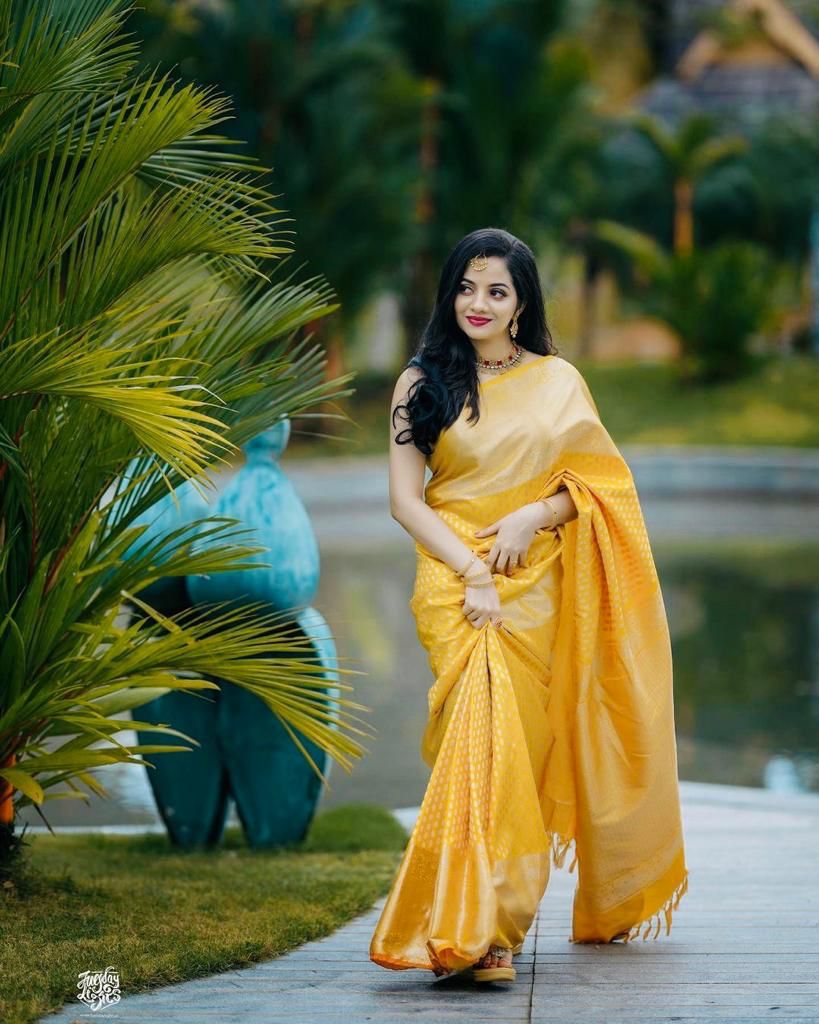 Yellow banarasi weaving silk saree
