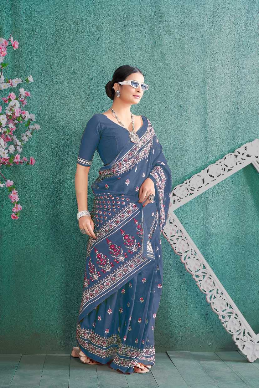 Handicraft Ladies Ikat Block Print Pure soft Cotton Sari With Blouse Piece