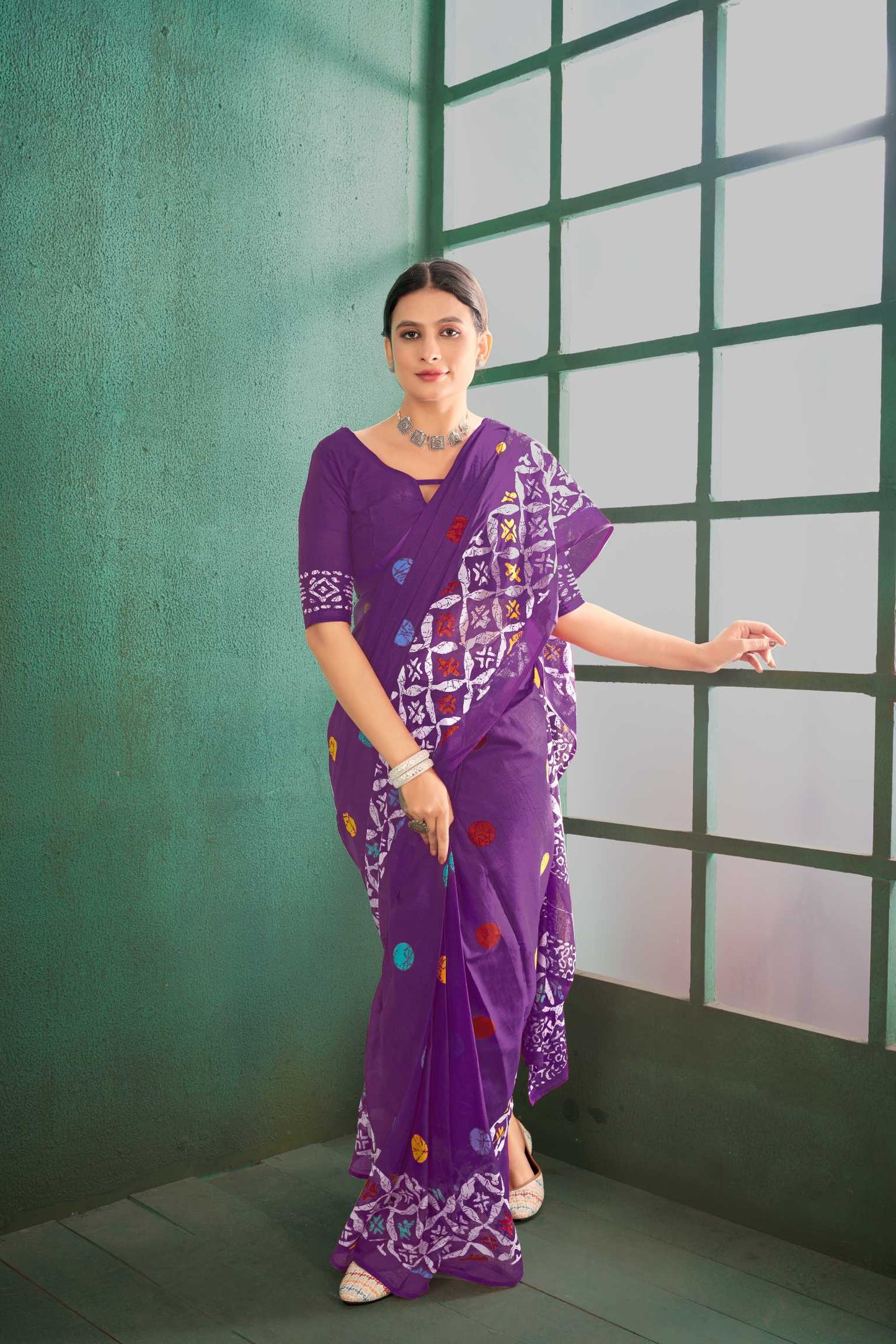 Handicraft Ladies Ikat Block Print Pure soft Cotton Sari With Blouse Piece