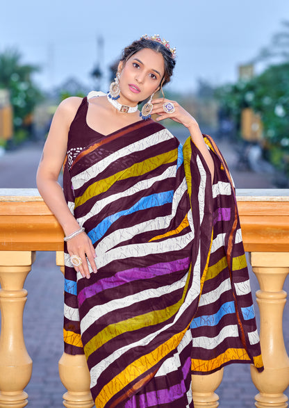 Beautifu Zari Border Bagru Ikat Hand Print Cotton mulmul sarees with blouse Piece