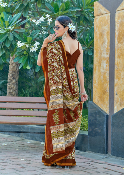 Beautifu Zari Border Bagru Ikat Hand Print Cotton mulmul sarees with blouse Piece