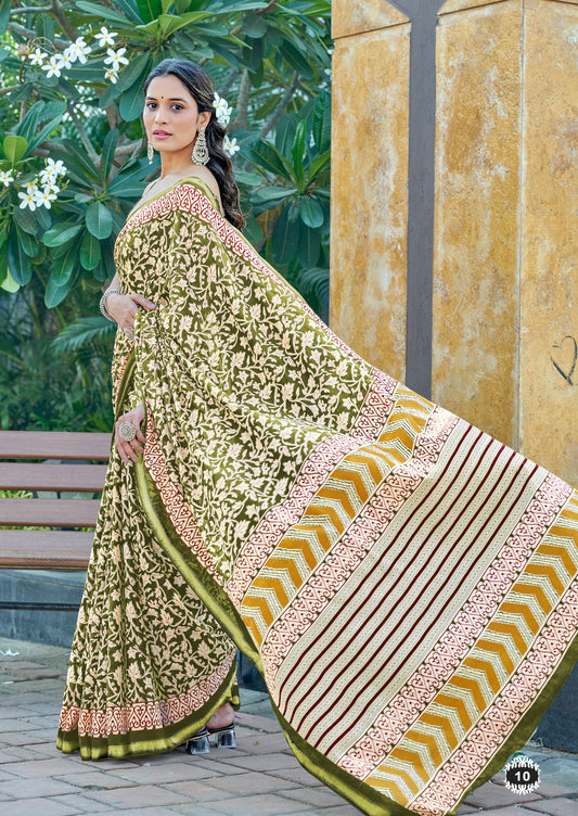 Beautifu Zari Border Bagru Ikat Hand Print Cotton mulmul sarees with blouse Piece