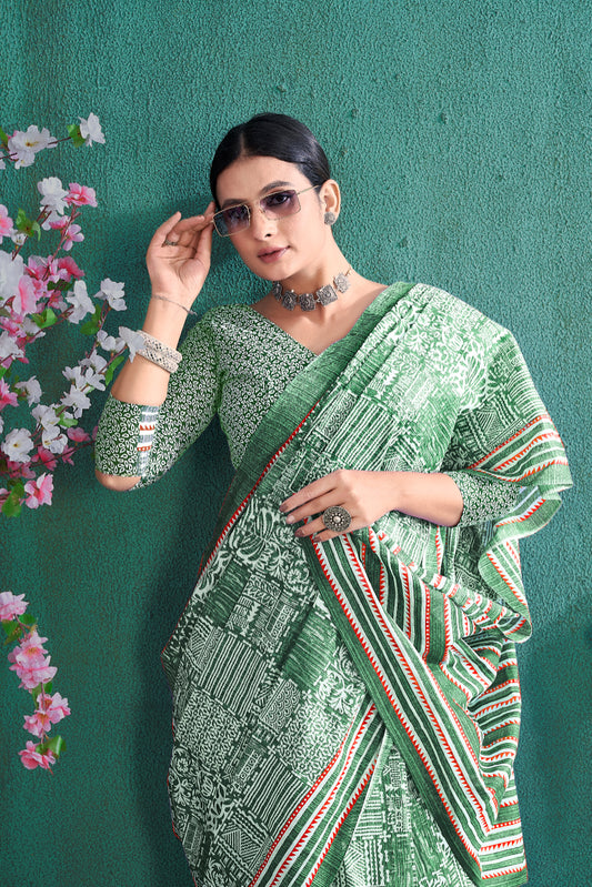 Handicraft Women's Ikat Pure soft Cotton Saree With Blouse Piece