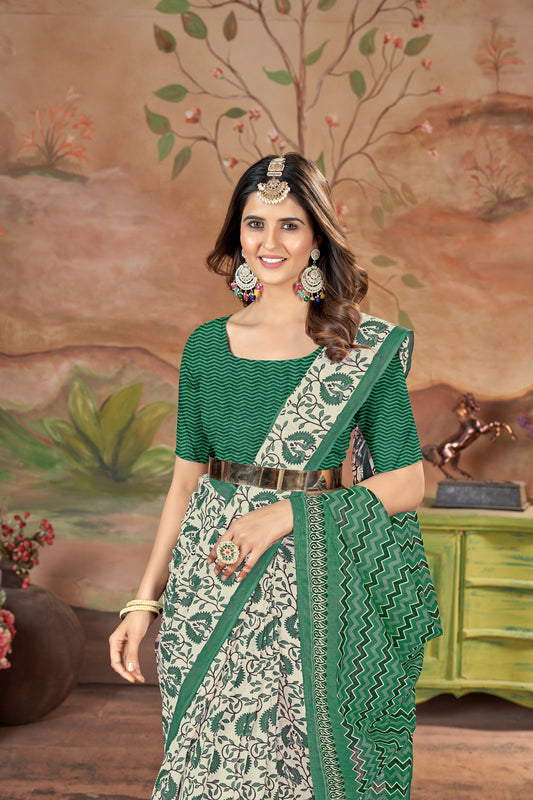 Handicraft Ladies Ikat Block Print Pure soft Cotton Sari With Blouse Piece