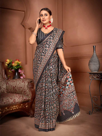 Handicraft Ladies Ikat Block Print Pure soft Cotton Sari With Blouse Piece AJARAKH