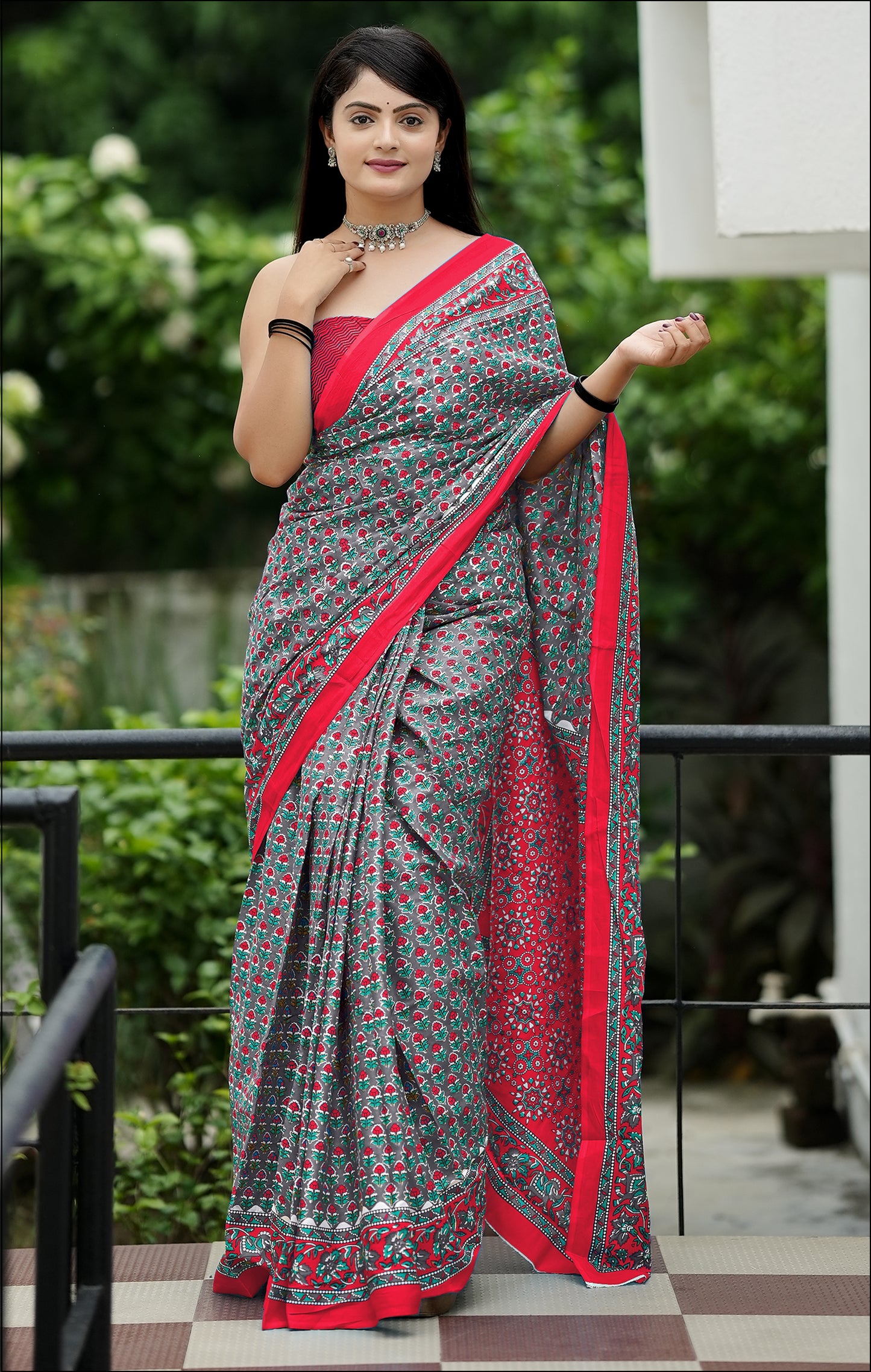 Handicraft Ladies Ikat Block Print Pure soft Cotton Sari With Blouse Piece