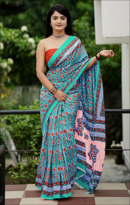 Handicraft Ladies Ikat Block Print Pure soft Cotton Sari With Blouse Piece