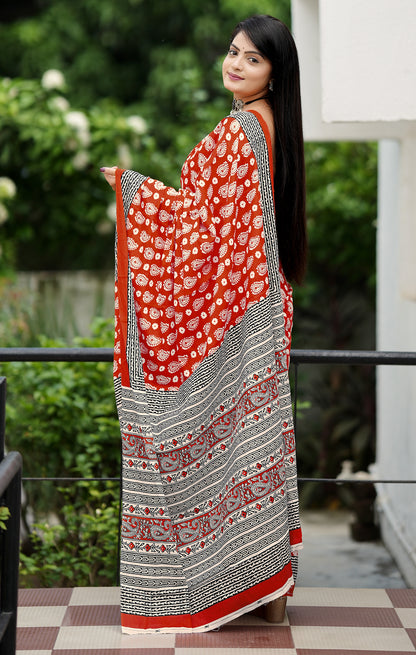 Handicraft Ladies Ikat Block Print Pure soft Cotton Sari With Blouse Piece