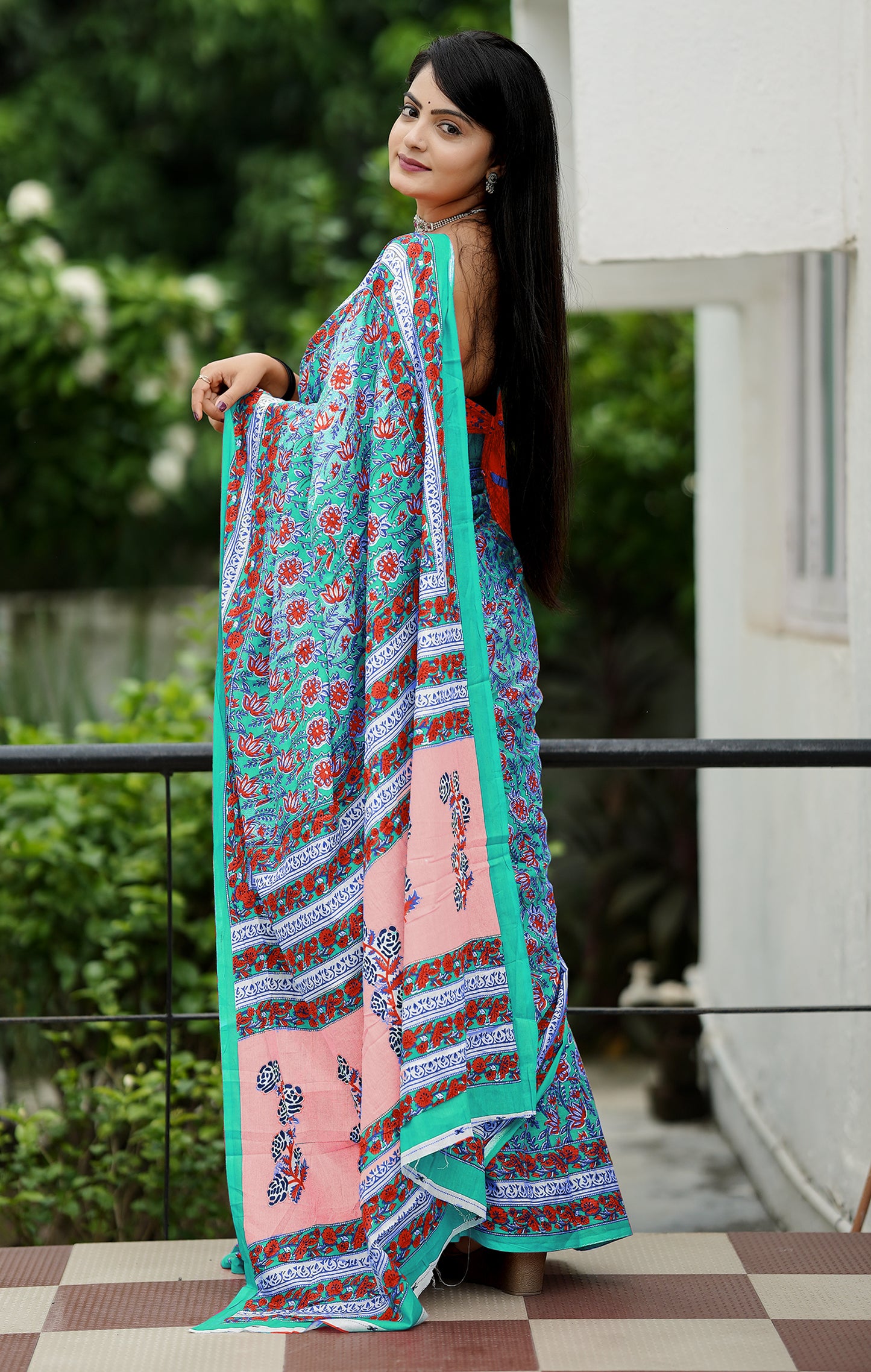 Handicraft Ladies Ikat Block Print Pure soft Cotton Sari With Blouse Piece