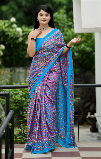 Handicraft Ladies Ikat Block Print Pure soft Cotton Sari With Blouse Piece