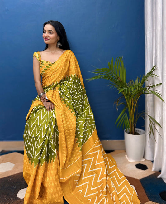 Handicraft Women's Ikat Pure soft Cotton Saree With Blouse Piece