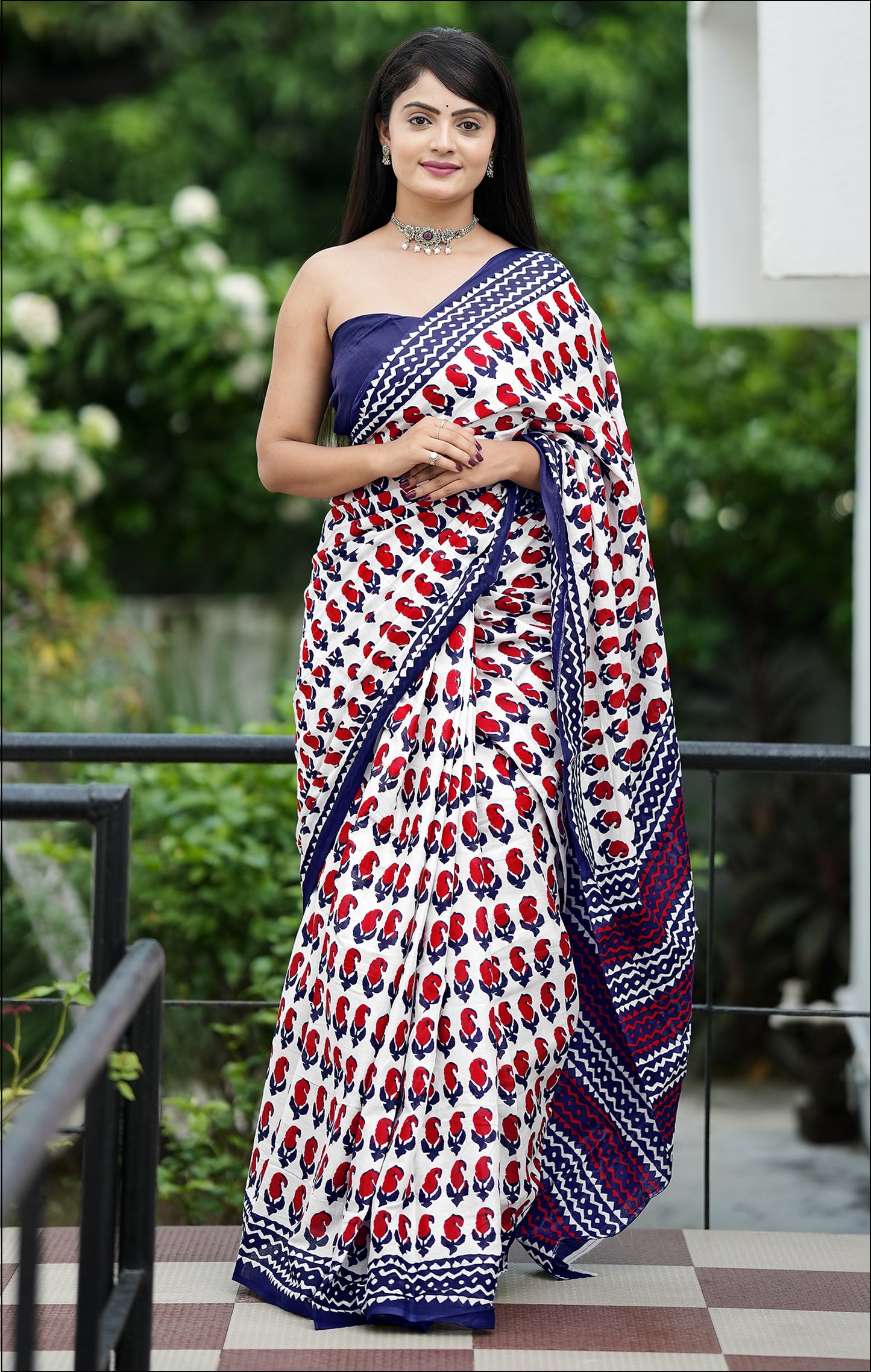 Handicraft Ladies Ikat Block Print Pure soft Cotton Sari With Blouse Piece