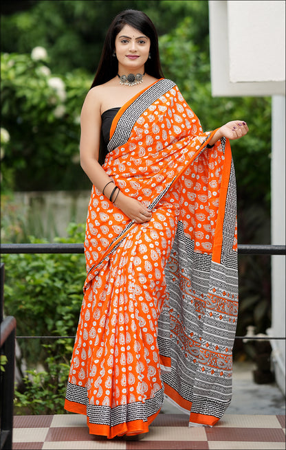 Handicraft Ladies Ikat Block Print Pure soft Cotton Sari With Blouse Piece