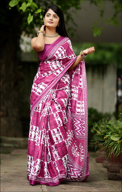 Handicraft Ladies Ikat Block Print Pure soft Cotton Sari With Blouse Piece