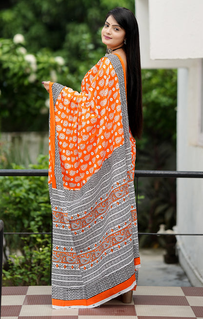 Handicraft Ladies Ikat Block Print Pure soft Cotton Sari With Blouse Piece