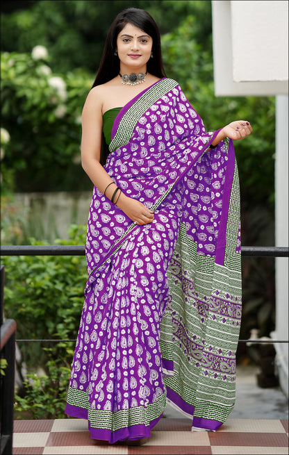 Handicraft Ladies Ikat Block Print Pure soft Cotton Sari With Blouse Piece