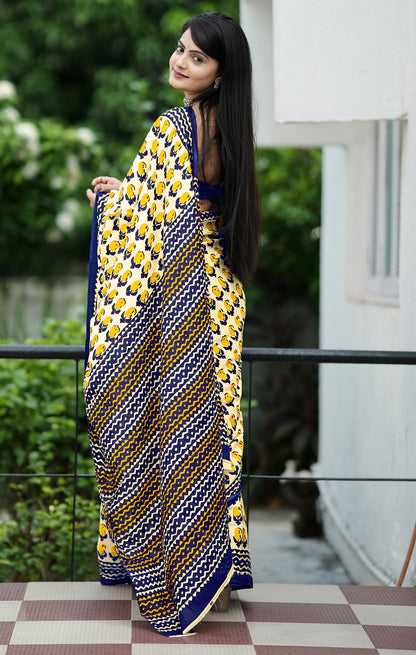 Handicraft Ladies Ikat Block Print Pure soft Cotton Sari With Blouse Piece