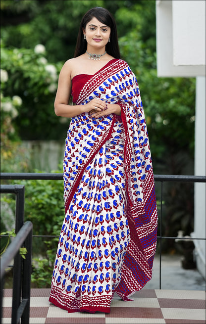 Handicraft Ladies Ikat Block Print Pure soft Cotton Sari With Blouse Piece