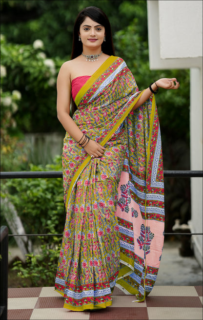 Handicraft Ladies Ikat Block Print Pure soft Cotton Sari With Blouse Piece