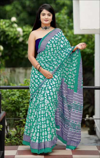 Handicraft Ladies Ikat Block Print Pure soft Cotton Sari With Blouse Piece