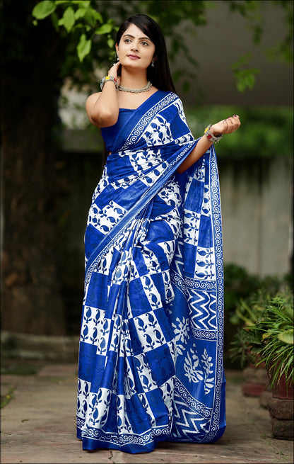 Handicraft Ladies Ikat Block Print Pure soft Cotton Sari With Blouse Piece