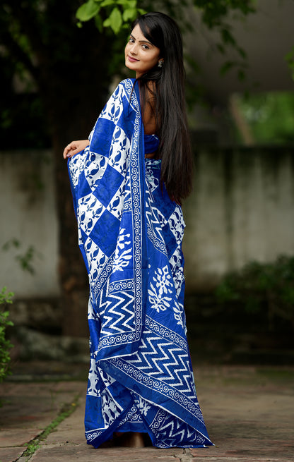 Handicraft Ladies Ikat Block Print Pure soft Cotton Sari With Blouse Piece