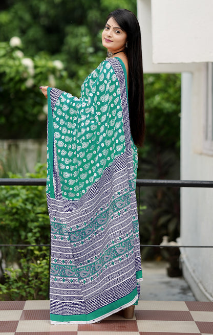 Handicraft Ladies Ikat Block Print Pure soft Cotton Sari With Blouse Piece